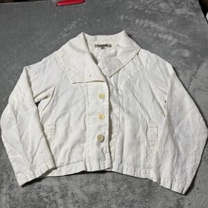 FLAX Designs Linen White Collared Corozo Button Jacket‎ Size P (4-6) Boho Indie